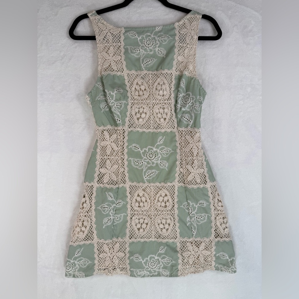 Sofie The Label Carmine Patchwok Crochet Mini Dress Womens SZ M Green/Ivory Boho